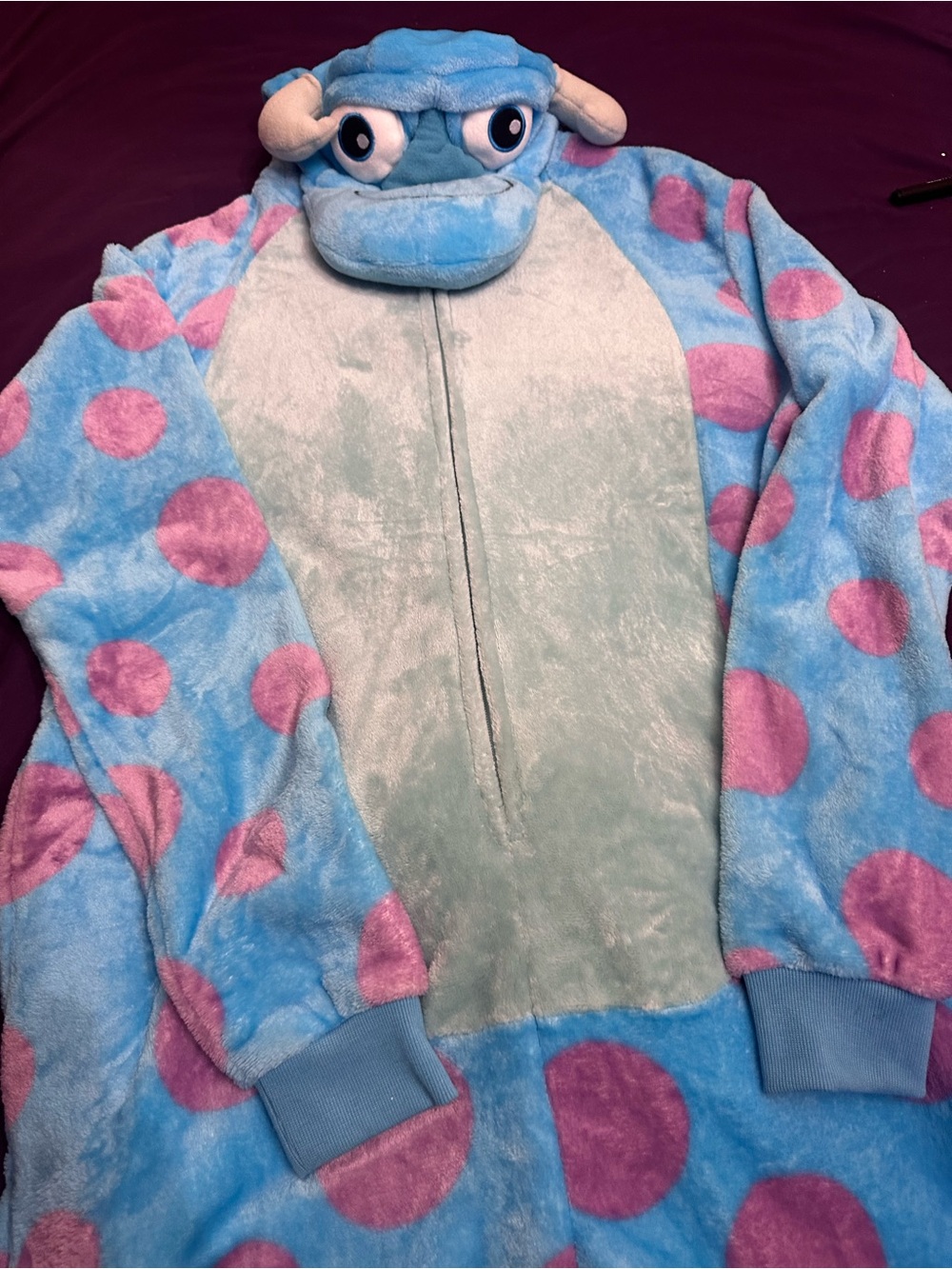 Adult size medium Plush Monster Onesie  in Light Blue with Pink Spots